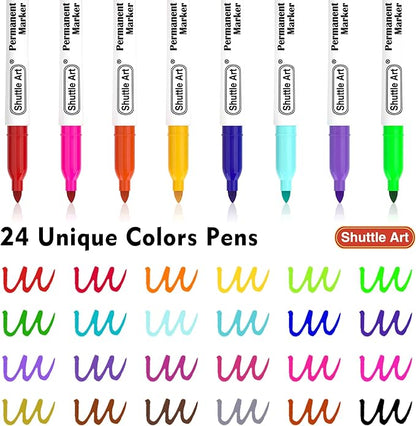 Shuttle Art Permanent Markers, 24 Colors Fine Point Assorted Colors Permanent Marker Set, Works on Plastic,Wood,Stone,Metal and Glass for Doodling, Coloring, Marking