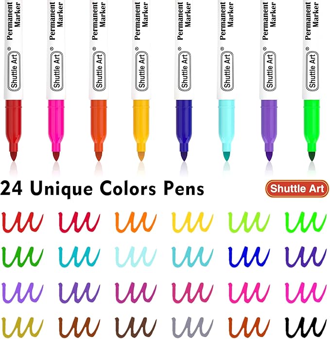 Shuttle Art Permanent Markers, 24 Colors Fine Point Assorted Colors Permanent Marker Set, Works on Plastic,Wood,Stone,Metal and Glass for Doodling, Coloring, Marking