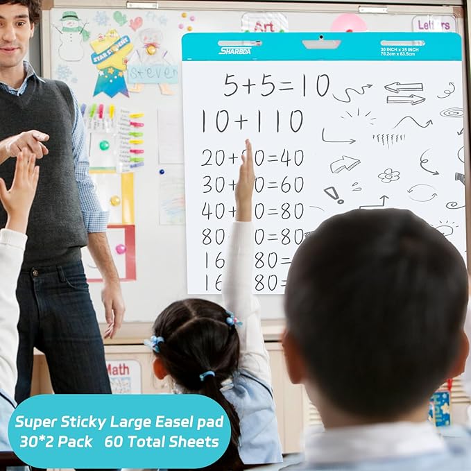 Large Sticky Easel Pads,30 in x 25 in,2 Pad/Pack,30 Sheets/Pad, Large Flip Chart Paper, Anchor Chart Paper for Teachers,Self Stick Easel Paper for Office,Classroom Supplies