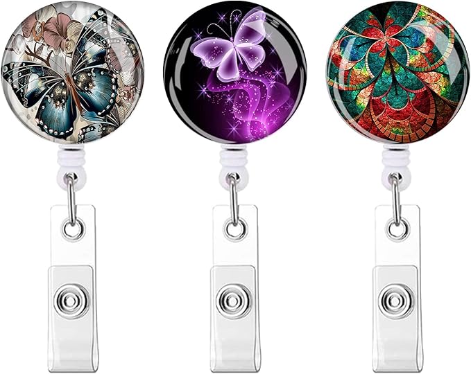 Retractable ID Badge Holder Nurse Badge Reels with Clip Name Card Holders for Office Worker Doctor Nurse (Butterfly 3-1)