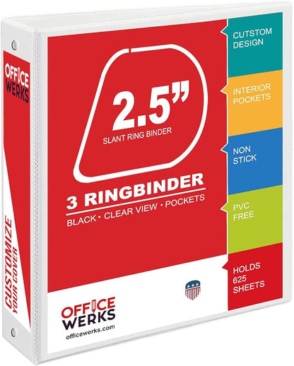 Office Werks 3 Ring Binder, Professional D Ring Binder 2.5 Inch, 12 Presentation Folder for Standard Pages 8.5 x 11 with Pockets, Crystal Clear View White Binder (12 Pack)