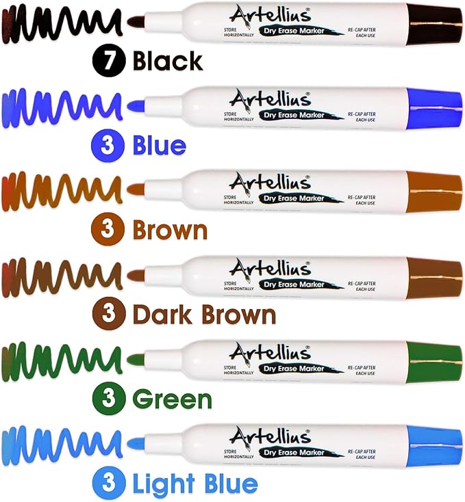 Artellius 120 Bulk Pack of Dry Erase Markers (12 ASSORTED COLORS W/ 21 EXTRA BLACK) - Thick Barrel - Perfect Pens For Writing on Whiteboards, Dry-Erase Boards, Mirrors, & All White Board Surfaces