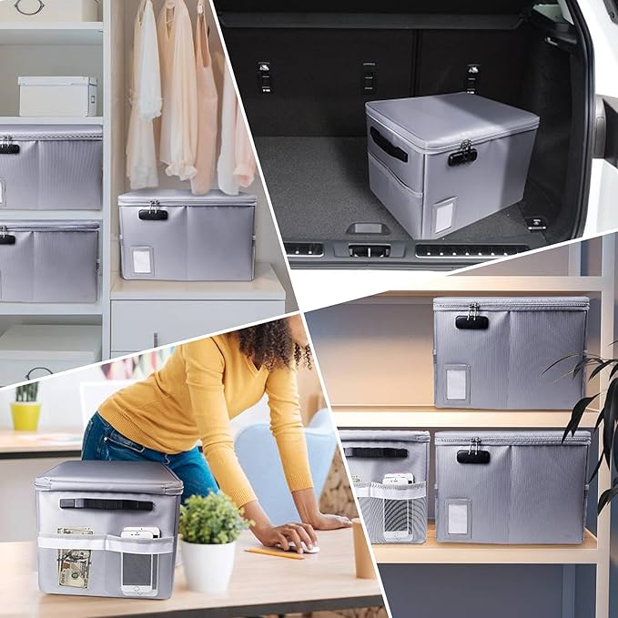 File Box with Lock, Fireproof Document Box File Organizer Box, Portable Office Collapsible File Storage with Reflective Strip for Hanging Letter/Legal Size Folder/Certificate