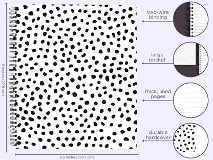 Steel Mill & Co Cute Large Spiral Notebook College Ruled, 11" x 9.5" with Durable Hardcover and 160 Lined Pages, Black Dots