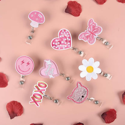 NACHLYNN 8 Pcs Valentine's Day Felt Retractable Badge Reels Cute Felt Nurse Badge Reel Holders Name ID Accessories with Retractable Cord for Teacher Student Nurses Gifts