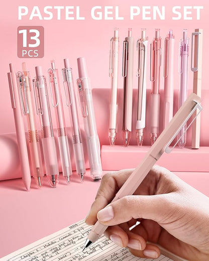 Nicpro 13Pack Pastel Gel Ink Pen Set with Case, Cute Retractable 0.5mm Fine Point Pen, 12 Pink Pens Black Ink with 1 Highlighter, Aesthetic Pens for Student Note Taking,Writing,Office Supplies (Pink)