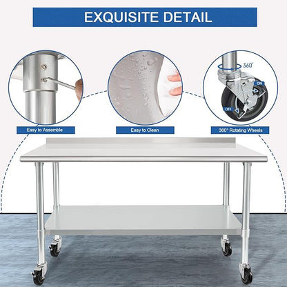 HARDURA Stainless Steel Table 24 x 72 Inches with Wheels Casters NSF Heavy Duty Commercial Prep Table with 2” Backsplash and Adjustable Undershelf for Restaurant Kitchen Home and Hotel