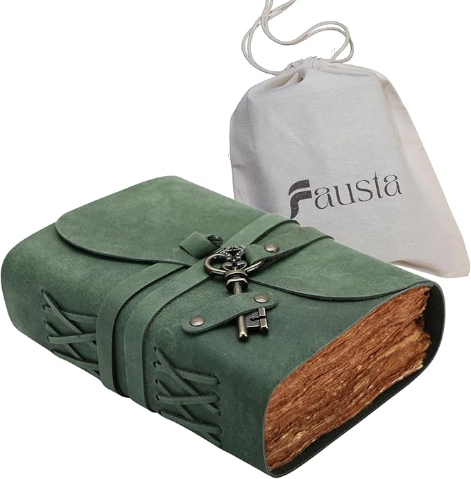 Fausta Vintage Handcrafted Leather Journal with Key for Writing, 240 Pages 7 x 5 inches, Deckled Cotton Paper Notebook/Diary for Men and Women 150 GSM Drawing/Sketchbook, Hunter Green