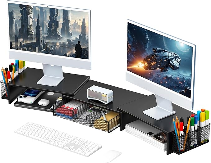 gianotter Dual Monitor Stand Riser, Desk Organizer With Drawer and 2 Pen Holders, Computer Monitor Stand, Desk Shelf for Top of Desk, Balck