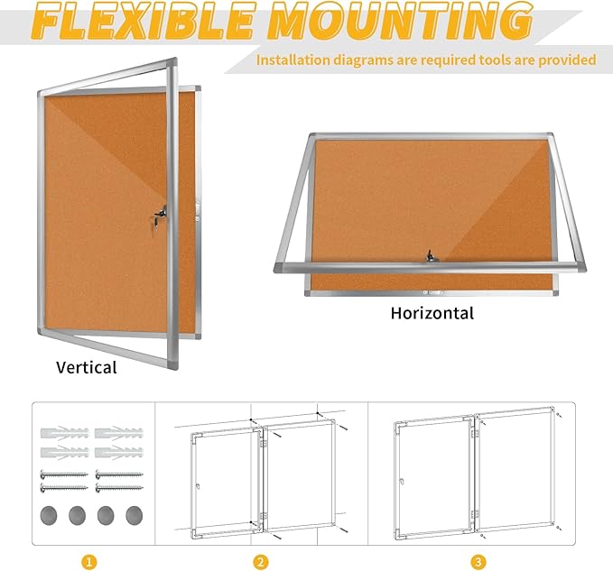 Outdoor Enclosed Bulletin Board, Weatherproof Cork Noticeboard with Clear Acrylic Locking Door, Wall-Mounted Silver Aluminum Framed Display Case,36x24in (5xA4)