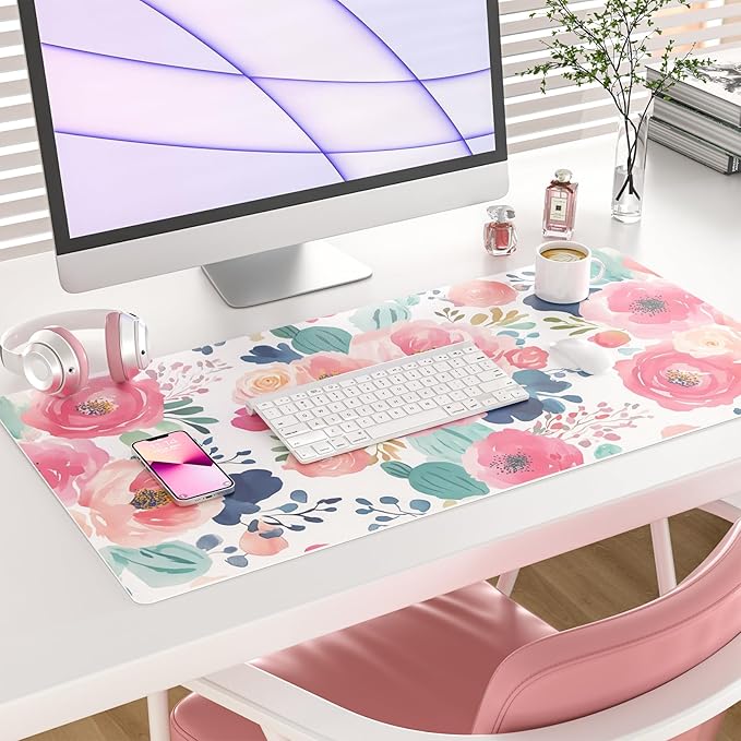 Colorful Star Large Mouse Pad, Pink Floral Desk Mat for Desktop, Women Girls PU Leather Waterproof Gaming Mousepad, Computer PC Laptop Protector Writing Pads for School Office Home 31.5" x 15.7"