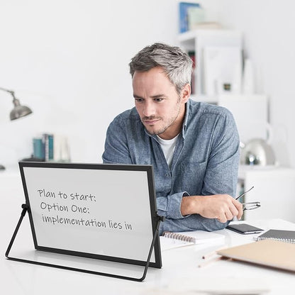 OWill Black Dry Erase White Board, 16inX12in Large Magnetic Desktop White Board with Stand,A3 Magnetic Whiteboard & Portable Double-Sided Whiteboard Easel for Drawing in School & Home