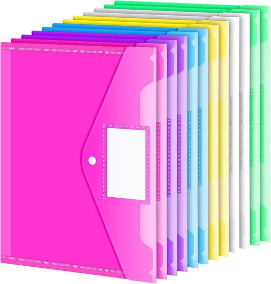 Sooez 12 Pack Folders Plastic Envelopes, Clear Plastic File Folder for Document, Letter A4 Size Poly File Envelopes with Label Pocket, Snap Button for Home Work Office Organizer, 5 Colors