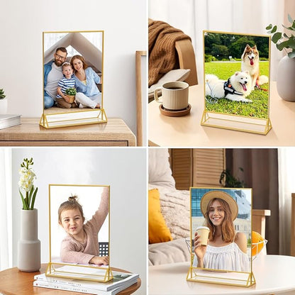 5X7 Gold Frames Double Sided Acrylic Sign Holder Tabletop Picture Frames Vertical Display Stand for Shop School Home,Set of 6