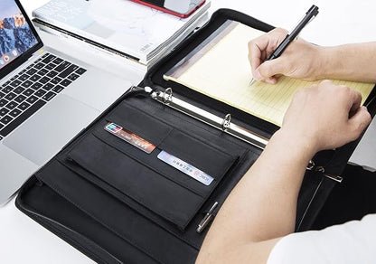 AZXCG Leather Portfolio for Men, 3 Ring Binder Professional Resume Portfolio Folder, Business Organizer Padfolio with YKK Zipper, Document Work Folio for 8.5x11 Writing Pad, Black