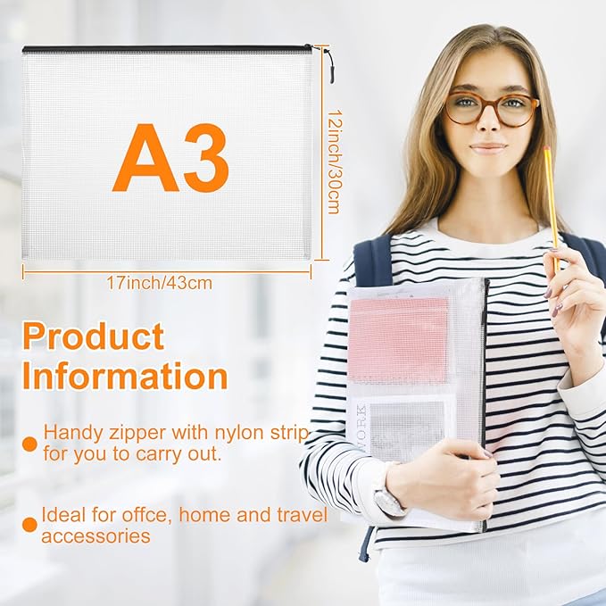 20pcs Plastic Mesh Zipper Pouch Bags, A3 17x12 Inches Extra Large Zipper Bags, Reusable Zipper Pouches for Classroom Office Supplies Organizing, Puzzles & Games, Board Game Organization
