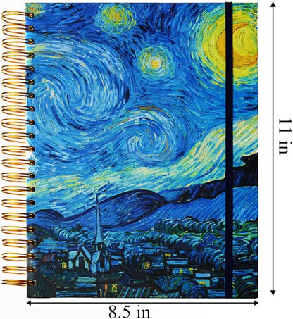 300 Pages Journal 100GSM Pages 3 Pockets Thick Superhard Cover Spiral Notebook 8.5x11 college ruled Spiral Journal Van Gogh Notebook Spiral Bound Journals for Women Writing School, Gift Starry Night Notebook