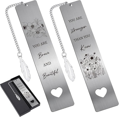 Inspirational Metal Bookmark Gift - 2 PCs You are Brave Stronger Than You Know Bookmarks Reading Women Girls Flower Motivational Appreciation Book Marks Pendant Family Friends Birthday