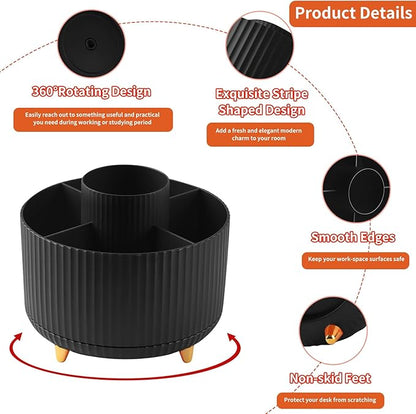 Desk Pencil Pen Holder, 5 Slots 360°Degree Rotating Pencil Pen Organizers for Desk, Desktop Storage Stationery Supplies Organizer, Cute Pencil Cup Pot for Office, School, Home, Art Supply, Black