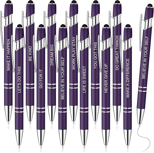 Zonon 12 Pieces Inspirational Pens Bulk Easter Basket Stuffers Motivational Quotes Ballpoint Pens with Stylus Tip Inspirational Gifts for School Office Teachers(Dark Purple,Motivational Style)