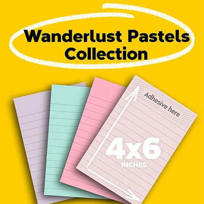 Post-it 100% Recycled Paper Super Sticky Notes, Lined, 4 in. x 6 in., 4 Pads, 45 Sheets per Pad, Wanderlust Pastels, School Supplies and Office Products