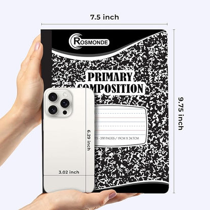 5 Pack Primary Composition Notebooks, 200 Pages (100 Sheets), Primary Ruled Composition Notebook for Kids, 9-3/4" x 7-1/2", Grades K-2 Writing Workbook, Writing Dotted Lined, Black Marble
