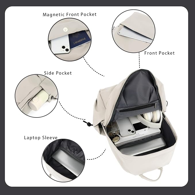 YGR Laptop Backpack for Women and Men, Waterproof Lightweight Travel Daily Rucksack Casual 15.6 inches Computer Bags for College, Beige