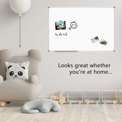 JILoffice Magnetic Dry Erase Planning Board, Grid Pattern White Board 48 x 36 Inch, Silver Aluminum Frame with Detachable Marker Tray for Office School and Home