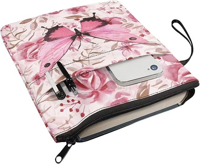 COEQINE Pink Butterfly Book Sleeve for Paperbacks Aesthetic Book Cover Portable Chain Front Pocket Keep Book Clean Washable