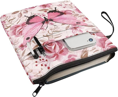 COEQINE Pink Butterfly Book Sleeve for Paperbacks Aesthetic Book Cover Portable Chain Front Pocket Keep Book Clean Washable
