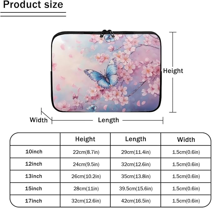 Butterfly Print Laptop Bag for Girls, 12 Inch Peach Blossom Laptop Sleeve Soft Laptop Case Bag for Girls, Waterproof Laptop Briefcase Computer Bag with Zipper
