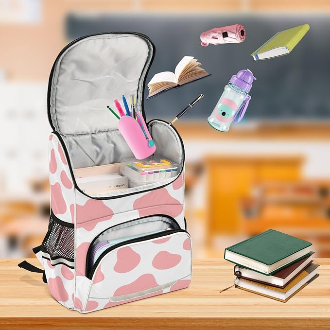 Cow Print Backpack with Reflective Strip for Kids Boys Girls Elementary School Bag Removable Chest Strap