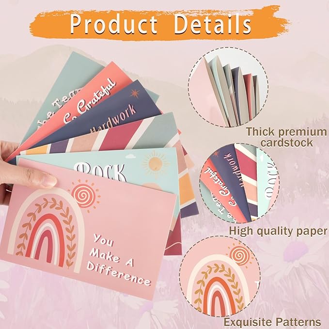 24 Pack Employee Appreciation Cards with Envelopes and Stickers, 6x4in Thank You Cards for Coworkers Recognition, Promotion, Work Anniversary Blank Inside, 6 Boho Designs