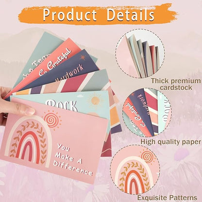 24 Pack Employee Appreciation Cards with Envelopes and Stickers, 6x4in Thank You Cards for Coworkers Recognition, Promotion, Work Anniversary Blank Inside, 6 Boho Designs