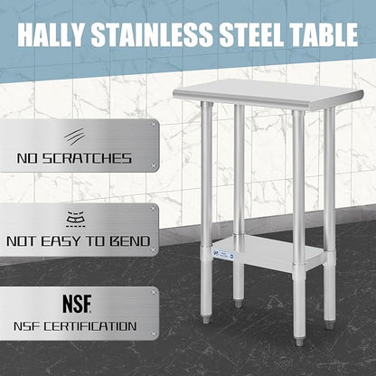 Hally Stainless Steel Table for Prep & Work 14 x 24 Inches, NSF Commercial Heavy Duty Table with Undershelf and Galvanized Legs for Restaurant, Home and Hotel