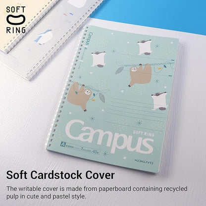 KOKUYO Spiral Notebook Journal, 3 Pack Campus B5 Soft Ring Notebooks with Dotted A 7mm Rule, 40 Sheets, Cute Animal 1 Subject Notebook in Blue Yellow Green, College Office Note Taking. Japan Import