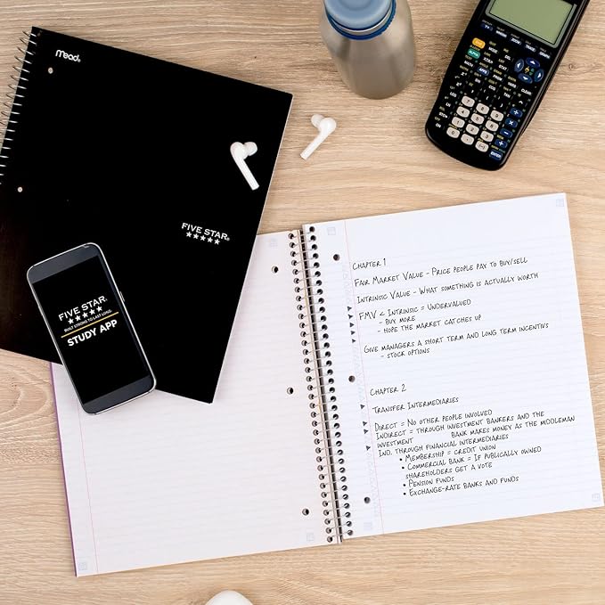 Five Star Spiral Notebook + Study App, 3 Subject, College Ruled Paper, Fights Ink Bleed, Water Resistant Cover, 8-1/2" x 11", 150 Sheets, Black (72069)