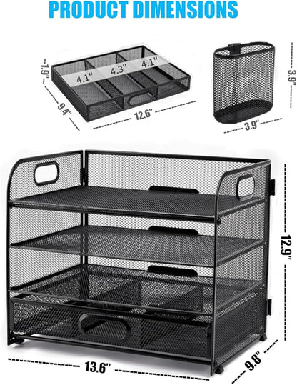 4-Tier Mesh Reader Desktop Accessory Storage,Desk File Organizer with A Sliding Drawer Two Pen Holders,Office Supplies Desk Organizer for Home Office