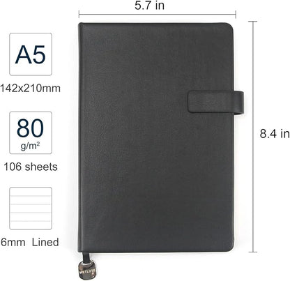 A5 Hard Cover Notebook with Pen Holder, Gold Edges & 180° Lay Flat - Large 5x8.25 Lined, Bookmark, Gift Box - Durable Journal for Office, Study, Travel - Writers, Students(Black)