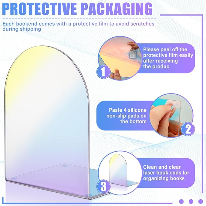 Harloon 4 Pcs Acrylic Book Ends for Shelves Plastic Arch Clear Non Skid Heavy Duty Bookends Desktop Organizer l Dividers Book Stopper for Office(Laser Color)