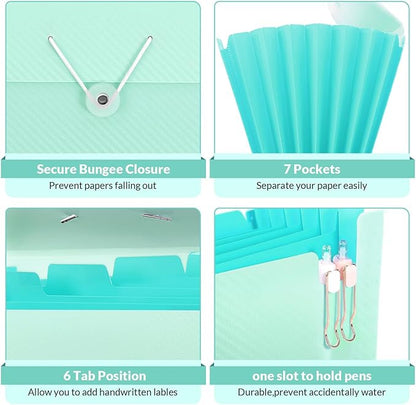 SKYDUE Expanding File Folder with 7 Pockets, Accordion File Organizer, Portable Folders for Documents, School Office Supplies Bungee Closure, Letter/A4 Size Bungee Closure, Green