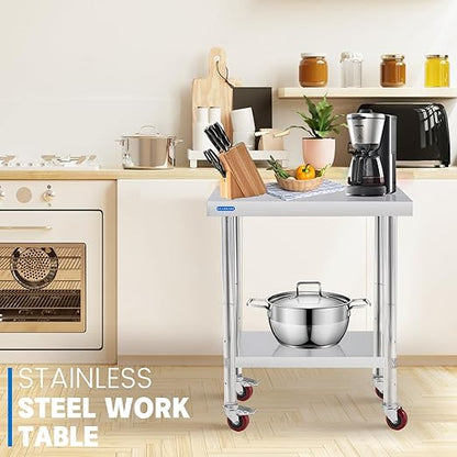 Stainless Steel Table for Prep & Work with Undershelf 24 x 24 Inches NSF Metal Commercial Kitchen Prep Table with Adjustable Under Shelf Worktable for Restaurant Home Outdoor