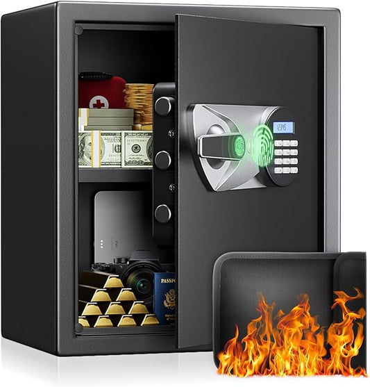 BlackSmith Biometric Safe Box 1.5 Cub Home Security Safe Fingerprint Recognition Money Safe with Keys Keypad Lock Box Secure Jewelry Valuables with Dual Alarm System Fireproof Bag