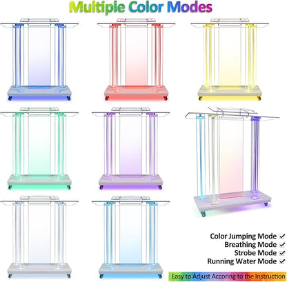 Acrylic Pulpits for Church with LED Lights 46" Tall Podium Stand with Wheels and Reading Platform, Clear Lectern for Speech, Classroom, Churches, Lecturn