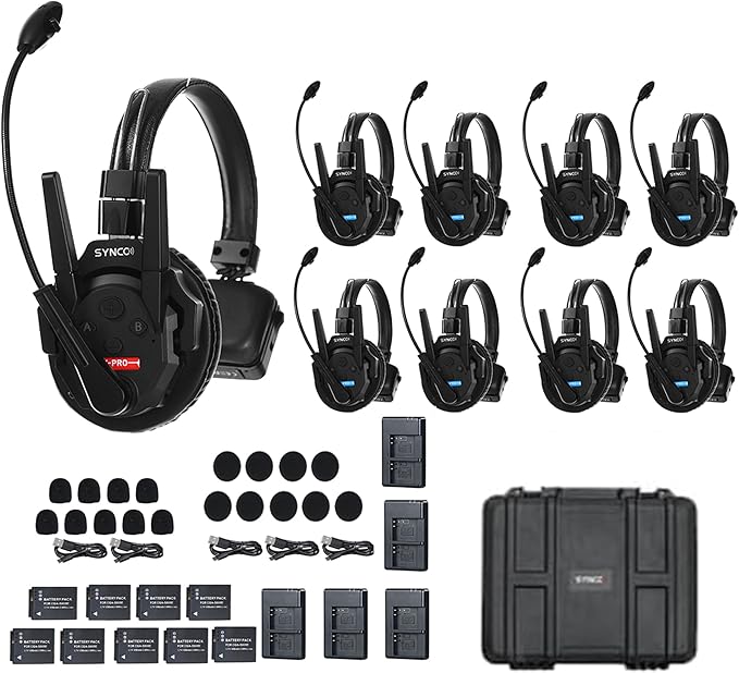 SYNCO XTalk XPro Wireless Intercom Headset with Antenna Enhanced Signal Reception 2.4GHz Full Duplex Random Master Device Design for Team Communication Headset (Xpro9 Nine Users)
