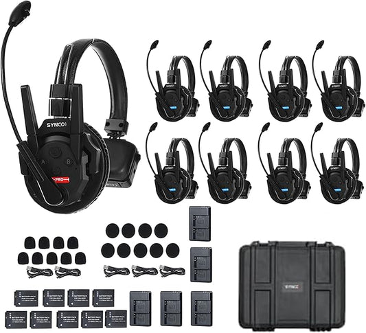 SYNCO XTalk XPro Wireless Intercom Headset with Antenna Enhanced Signal Reception 2.4GHz Full Duplex Random Master Device Design for Team Communication Headset (Xpro9 Nine Users)