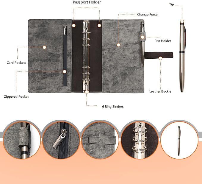 Wonderpool Leather Journal Refillable Binder A5 Writing Notebook Folder Organiser with Dotted Paper & Multi Pockets Cover for Business School Travel (A5, Black)