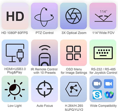 3X Optical Zoom PTZ Camera HDMI USB 3.0 1080P 60fps 114-Degree Wide-Angle for Video Conference Business Meeting Live Streaming Online Learn with Zoom Skype Teams OBS and More