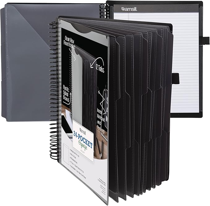 Samsill Deluxe 24 Pocket Spiral Project Organizer with Refillable Notepad Holder, Customizable Front Cover, 12 Dividers with Erasable Write-On Tabs in Gray, Plastic Folders with Pockets