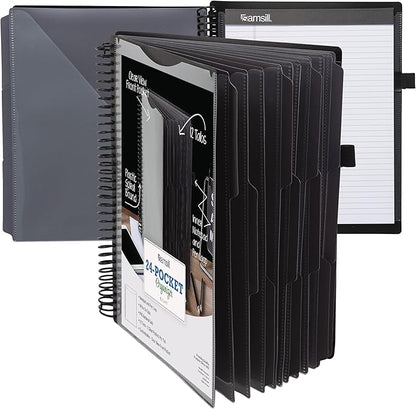 Samsill Deluxe 24 Pocket Spiral Project Organizer with Refillable Notepad Holder, Customizable Front Cover, 12 Dividers with Erasable Write-On Tabs in Gray, Plastic Folders with Pockets